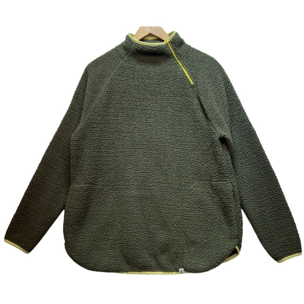 Lands' End Women's Fleece Pullover Long Sleeve Sz L 14-16 Olive Yellow Trim Zipp